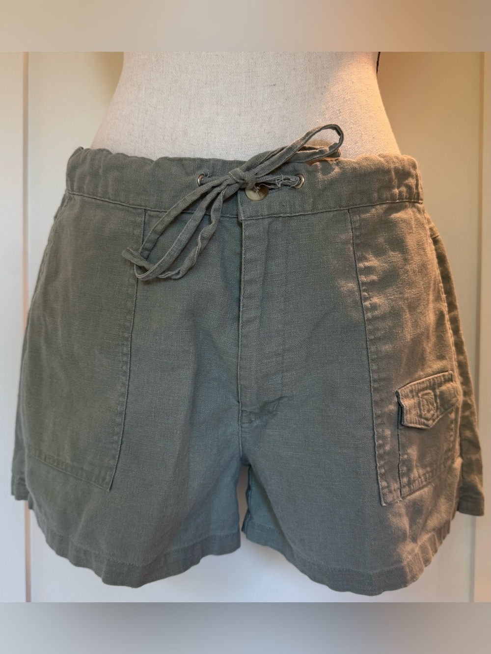 Gypsy Jeans Linen Cotton Cargo Shorts Sage Green Drawstring Women’s Large